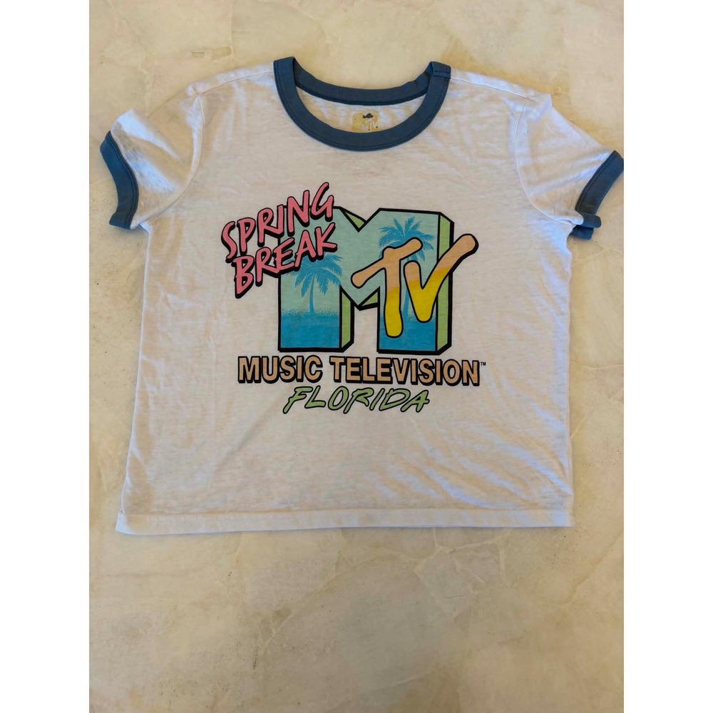 MTV Spring Break Florida Ringer T-Shirt White Blue Size Medium Burnout Graphic